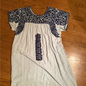 J marie linen navy Blue and light blue Embroidered Dress